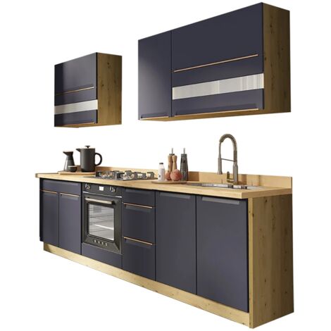 Monmobilierdesign – Ensemble meubles de cuisine 7 éléments 260 cm – Bois bleu mat – 2 armoires hautes avec verre opaque – Meuble pour four encastré (1/5)