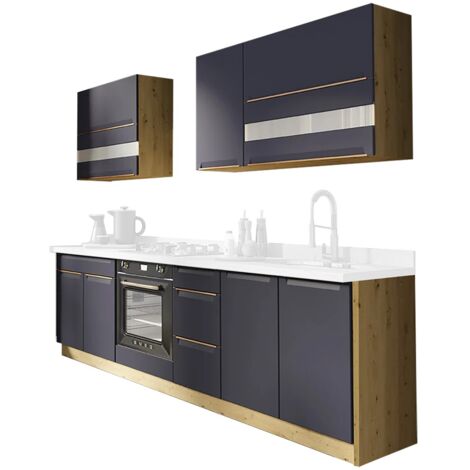 Monmobilierdesign – Ensemble meubles de cuisine 7 éléments 260 cm – Façades MDF bleu mat – Corps aggloméré stratifié bois – Pieds réglables 10 cm (1/5)
