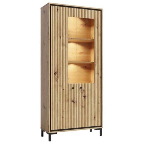 Monmobilierdesign – Vaisselier 5 étages en bois naturel avec éclairage LED – Dimensions 89x196 cm – Design contemporain pour salon – Fabrication Union Européenne (1/5)