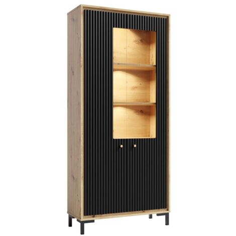 Monmobilierdesign – Vaisselier 5 étages en bois avec éclairage LED – Dimensions 89x196 cm – Finition noir mat – Compartiments vitrées pour vaisselle