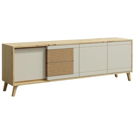BRUNO Meuble TV 2 portes 2 tiroirs 171x53 cm en bois clair design intemporel Blanc (1/5)