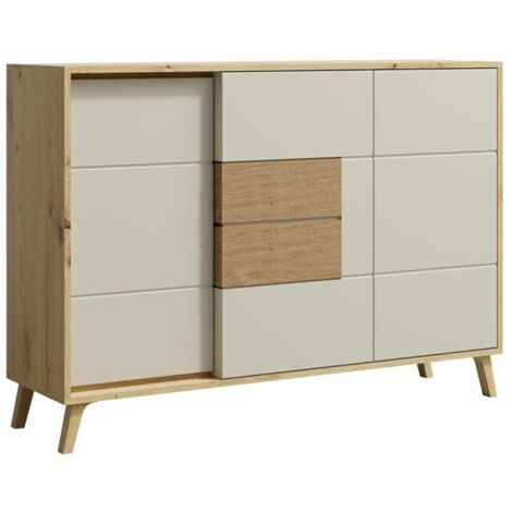 BRUNO Buffet commode 2 portes 3 tiroirs 130x89 cm en bois clair design intemporel Blanc (1/5)