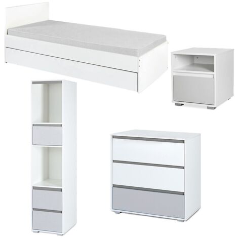 DALIA Chambre enfant adolescent avec lit, chevet, Commode, Etagère Blanc