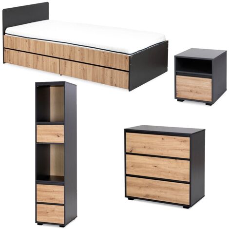 DALIA Chambre enfant adolescent avec lit, chevet, Commode, Etagère Anthracite/Chêne