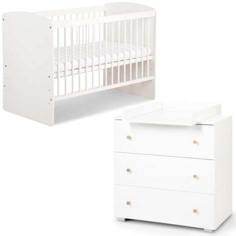 Monmobilierdesign – Ensemble lit bébé 120x60 avec commode à langer 3 tiroirs – Pin et bois aggloméré – Peinture à l'eau sans solvant – Montage facile