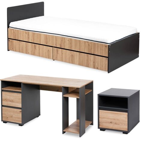 DALIA Chambre enfant adolescent avec lit, chevet, Bureau Anthracite/Chêne (1/3)