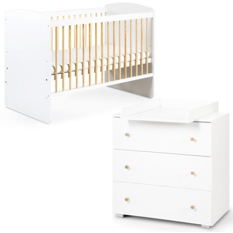 Monmobilierdesign – Ensemble lit bébé 120x60 avec commode à langer 3 tiroirs – Bois aggloméré et pin – Peinture à l'eau sans solvant – Montage facile