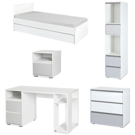 DALIA Chambre enfant adolescent avec lit, chevet, Commode, Etagère, Bureau Blanc