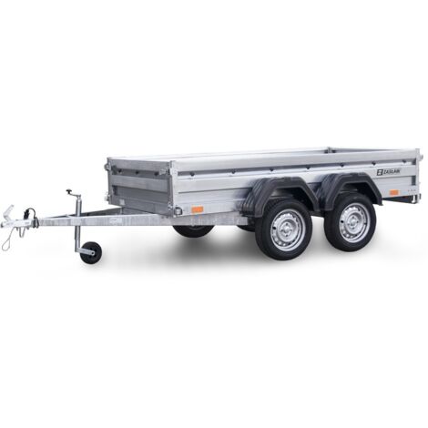 Monmobilierdesign – Remorque double essieu acier 265 cm – Ridelles avant/arrière ouvrantes – PTAC 500 kg – Largeur 132 cm – Bâche plate ou haute