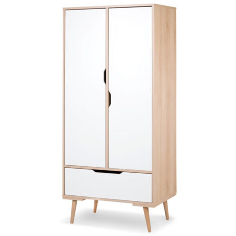 Armoire enfant hêtre et blanc 80x52x180 cm – 2 portes – 1 tiroir coulissant – Panneaux MDF et bois de hêtre