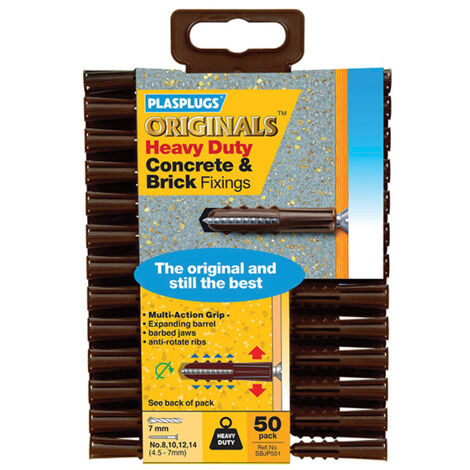 Pack of 50 heavy-duty wall plugs 7mm for concrete and brick – Multi-action grips and anti-rotate ribs – Ideal for shelving and lighting – Plasplugs (1/2)