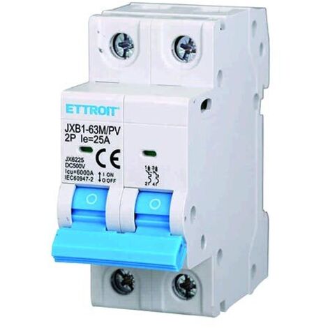 Interrupteur Thermique Magnétique Photovoltaïque 2P DC 500V 25A 6kA Occupe 2 Modules DIN Ettroit JX6225