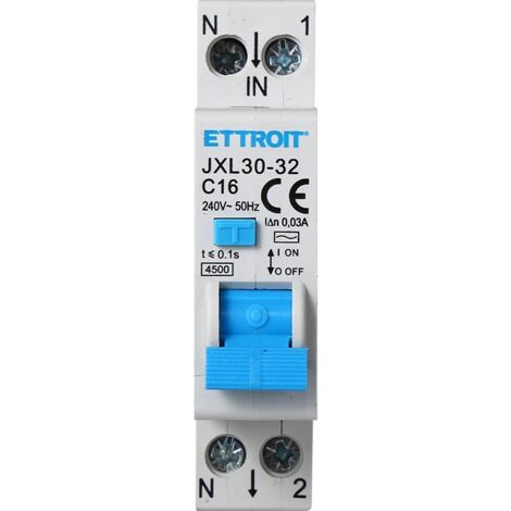 Ettroit – Disjoncteur différentiel 1P+N 16A C16 220V 4,5kA 30mA – Protection complète contre surcharges et fuites – Module DIN 1