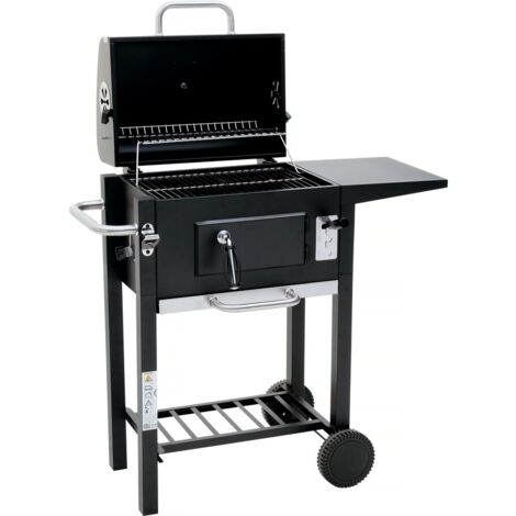 Habitat Et Jardin – Barbecue charbon de bois Vicomte – Couvercle en acier émaillé – Grille chromée – Surface de cuisson 45 x 31 cm – Hauteur 80 cm – 2 roues
