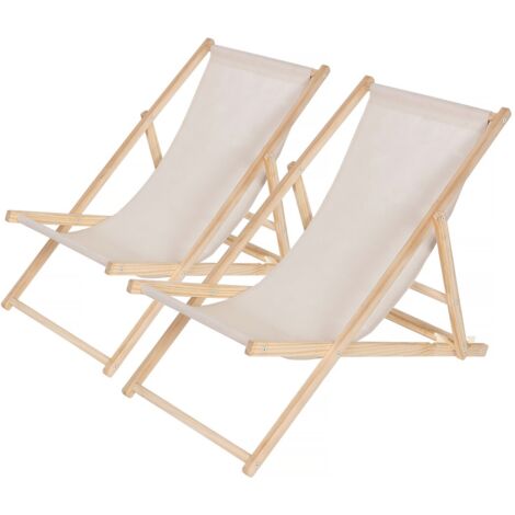 Habitat Et Jardin – Lot de 2 transats en bois chilienne pliables – Dimensions L107 x l56.5 x H81 cm – Tissu Oxford 420D – Couleur écru
