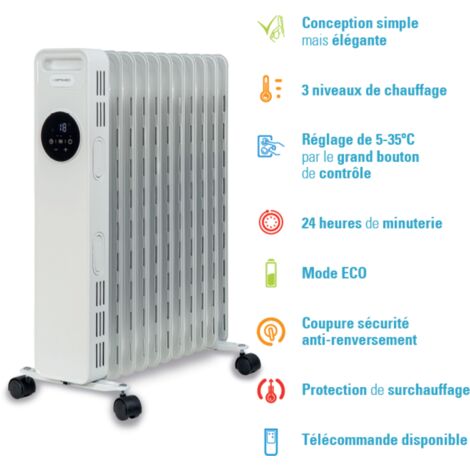 Radiateur d'appoint bain d'huile 1500W, 3 niveaux de chauffage, minuterie  24h et mode Eco