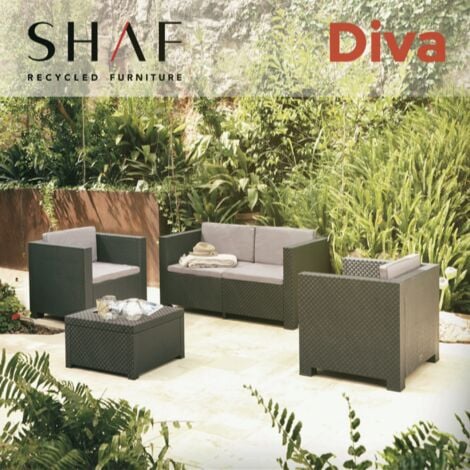 SP Berner - Set de Muebles de Jardín y Terraza Diva Wengue- Sofá 2 Plazas, 2 Sillones y Mesa de Centro con Almacenaje - Fabricado en España con Plástico Reciclado