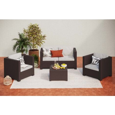 SP Berner - Set de Muebles de Jardín y Terraza Diva Wengue- Sofá 2 Plazas, 2 Sillones y Mesa de Centro con Almacenaje - Fabricado en España con Plástico Reciclado