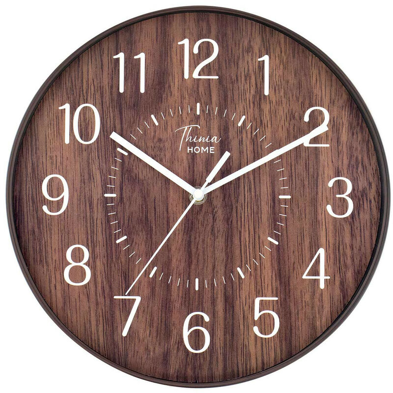 Thinia Home - Reloj de Pared Madera Oscura Ø30cm, Hogar, Oficina y Despacho, Movimiento Agujas Continuo, Extra Silencioso, Números Color Blanco, Diseño Tradicional, Estilo Vintage, Color Madera