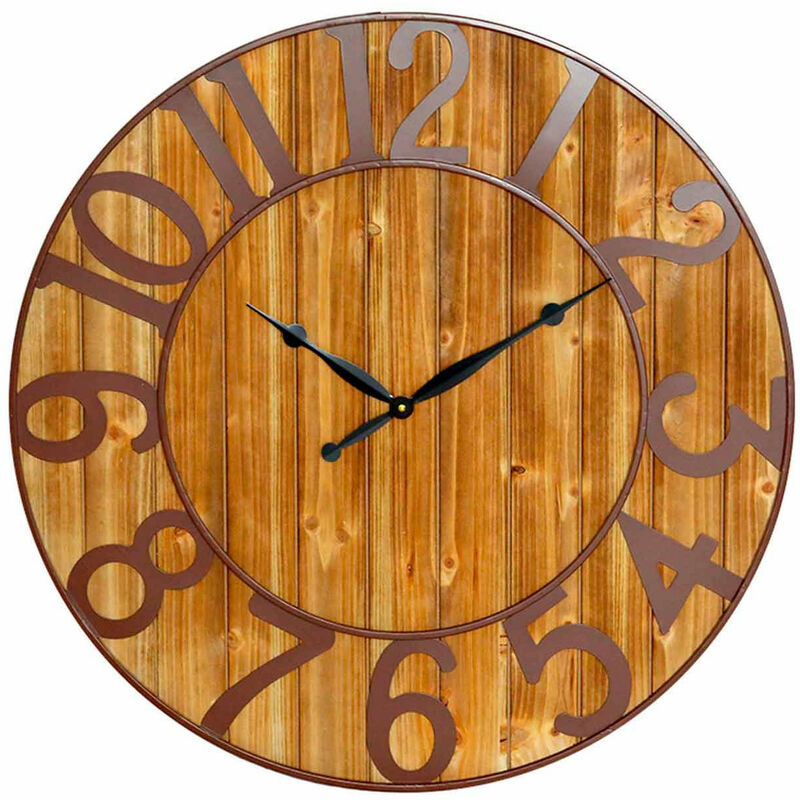 Thinia Home - Reloj de Pared Vintage en Relieve con Esfera Gris/Madera Ø80cm, Hogar, Oficina y Despacho, Movimiento Agujas Continuo, Extra Silencioso, Números en Relieve, Diseño Actual, Color Madera