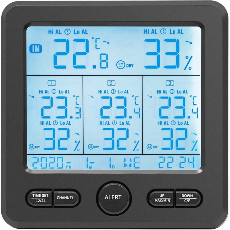 Station Météo Sans Fil Écran LCD 3 Capteurs Extérieur Thermomètre Horloge  Alarme