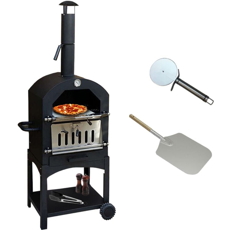 KuKoo - Horno Multifunción para Pizza, Carne, Pez y Verdura en Acero con Pala para Pizza y Cutter