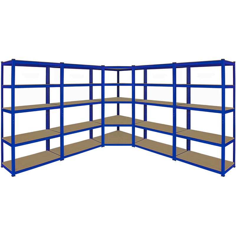 4 Estanterías Metálicas Azules T-Rax Sin Tornillos 90x45x180cm + 1 Estantería Esquinera Esquina Rinconera Metálica Azul Capacidad 265kg por Estante Almacenamiento Almacenaje Oficina Taller Garaje