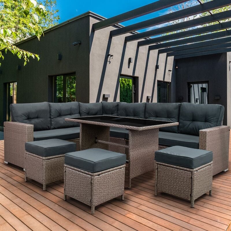 Set Conjunto De muebles gris sofá 9 plazas exterior patio terraza cojines impermea mesa vidrio templado uv funda