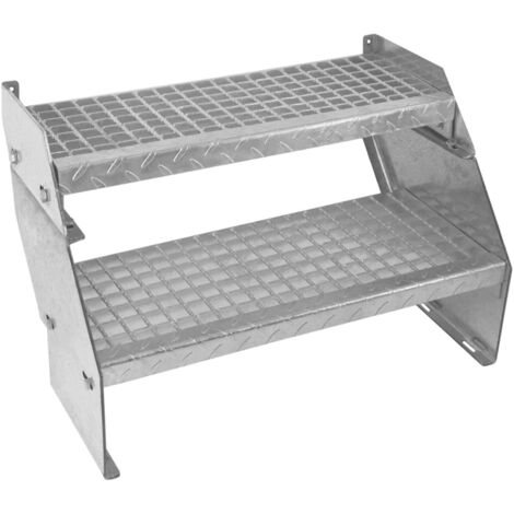 Escalera Metálica Ajustable de 2 Escalones 600mm 60cm de Ancho Escalera de Metal Escalera Exterior Escalones Peldaños Galvanizados Impermeables Rejillas con Pernos Arandelas y Tuercas GRATIS