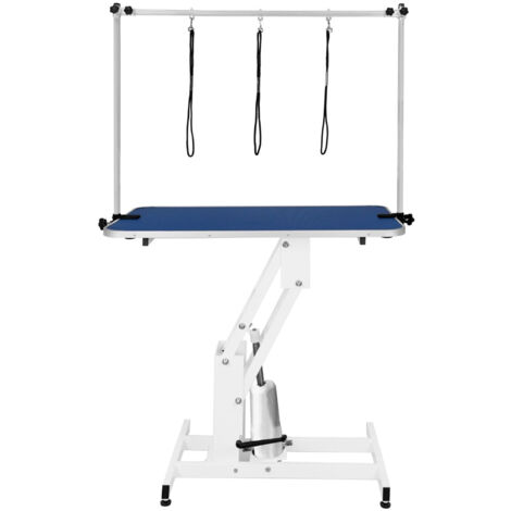 Mesa de Aseo Hidráulica Altura Ajustable Capacidad de 180kg Amplia Superficie de Goma 106cm x 61cm Resistente Estructura de Acero 4 Patas Estables Adaptables 3 Lazos para Sujeción [Blanco & Azul]