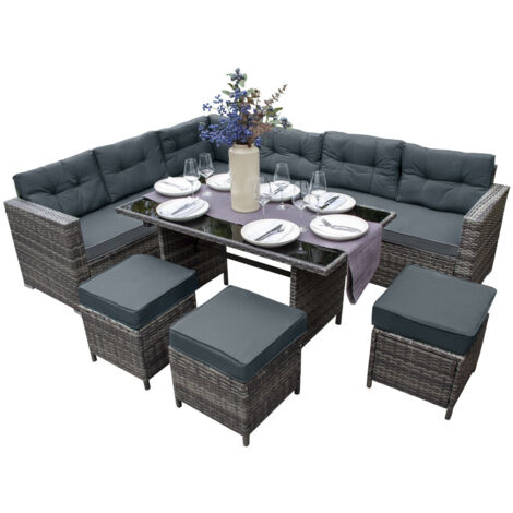 Set Conjunto de Muebles de Jardín de Ratán Gris con Sofá de 9 Plazas Exterior Balcón Patio Terraza Salón Cojines Impermeables Mesa de Vidrio Templado Protección UV Funda Impermeable GRATIS