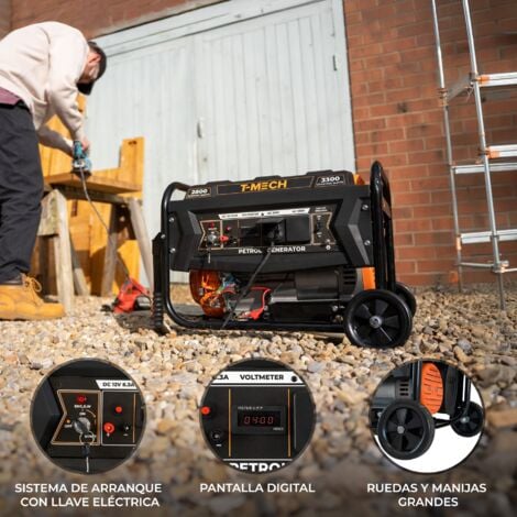 Generador Portátil Monofásico a Gasolina 3300W 7HP 12L  4 Tiempos 210cc  Salida 230V AC 12V DC  Arranque Eléctrico con Llave  Pantalla Digital p/Fácil Operación  Ruedas y Manijas p/transporte