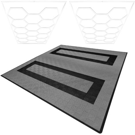 BALDOSAS Polipropileno (x225un) + BORDES + LUZ LED HEXAGONAL (x2un)  GRIS (x165) y NEGRO (x60)  Interconectables  36 m2  Antideslizante-Resistente al Clima  28 luces blancas y borde  6500 K  Kit techo (1/5)