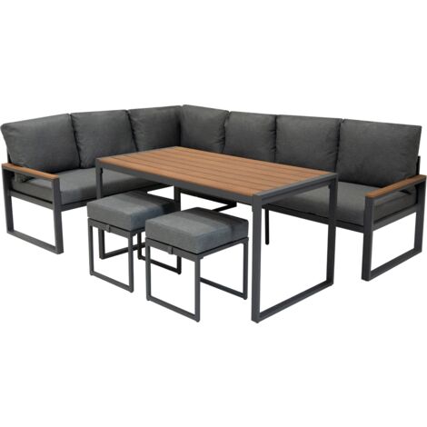 Conjunto de Sofá Esquinero de Aluminio 7 plazas Efecto madera Sofa + 2 Taburetes + Mesa con Tapa de Vidrio + Funda Impermeable Cojines Lavables, Diseño Moderno y Resistente para Jardín Terraza (1/5)