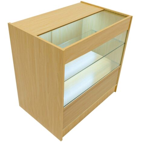 Mostrador Comercial con Luz LED C900  MDF Color Arce y Vidrio Templado  90x60x90cm  3 estantes  Puertas con cerradura  Ideal para tiendas y comercios  Fácil Montaje  Mostrador Recepción Expositor (1/5)