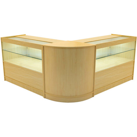 Set Mostradores Comerciales "SELENE"  Arce  2x C1200+1xCM60  MDF y vidrio templado  Estantes y puertas corredizas con cerradura  Fácil Montaje  Mostrador Recepción Expositor Comercial Mesa (1/5)