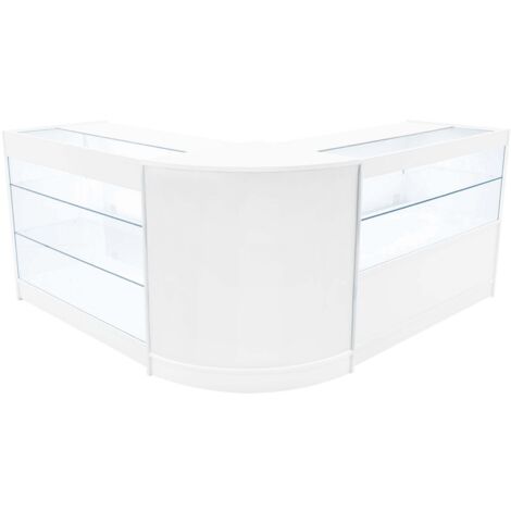 Set Mostradores Comerciales "HERA"  Blanco K1200+C1200+CM60  MDF y vidrio templado  Estantes y puertas corredizas con cerradura  Fácil Montaje  Mostrador Recepción Expositor Comercial Mesa (1/5)