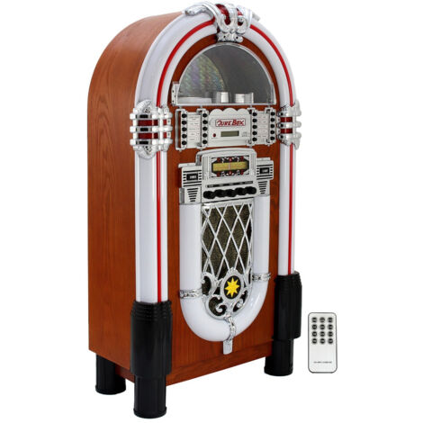 Máquina de Discos Retro Tocadiscos Años 1950 Jukebox Estilo Vintage Pantalla LCD Luces CD, USB, Memory Card SD/MMC, Radio AM FM, MP3, Bluetooth, AUX, Entretenimiento para Bares Pubs con Mando GRATIS