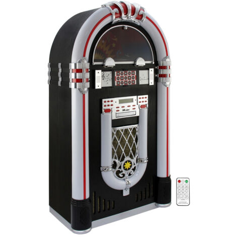 Jukebox Años 50 con Vinilo, CD, USB, Bluetooth, SD/MMC Memory Card, Radio AM FM y AUX Giradiscos Luces LED Reproductor Gramola Máquina de Discos Vinilo Vintage Retro 128cm x 64cm x 38cm