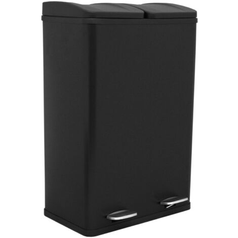 Cubo Basura Negro Doble de Acero Inoxidable con Pedal 60L para Reciclaje y Residuos Generales Dos Compartimentos Extraíbles con Mangos Integrados Base de Goma Antideslizante Paño Microfibra GRATIS