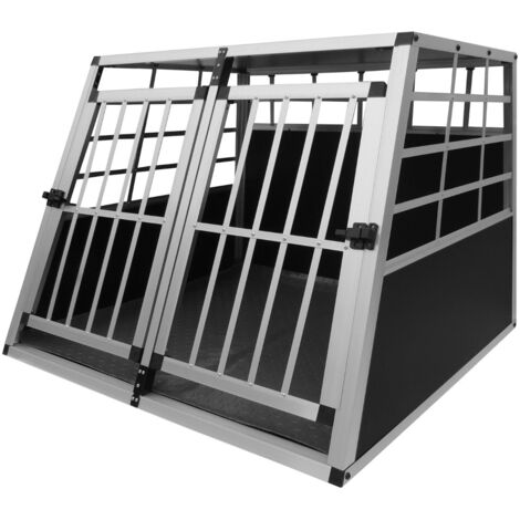 Jaula de Transporte de Coche para Mascotas Caja de Viaje de Aluminio Trapezoidal Transportador de Perros Gatos Cachorros 2 Puertas 69 x 97 x 90cm  Alfombra de Plástico Lavable GRATIS