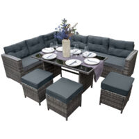 Set Conjunto de Muebles de Jardín de Ratán Gris con Sofá de 9 Plazas Exterior Balcón Patio Terraza Salón Cojines Impermeables Mesa de Vidrio Templado Protección UV Funda Impermeable GRATIS