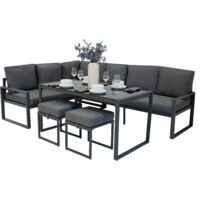 Conjunto de Sofá Esquinero de Aluminio 7 plazas Gris Antracita Sofa + 2 Taburetes + Mesa con Tapa de Vidrio + Funda Impermeable Cojines Lavables, Diseño Moderno y Resistente para Jardín Terraza
