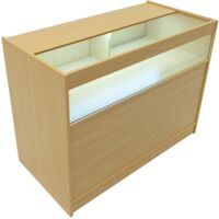 Mostrador Comercial con Luz LED B1200 MDF color Arce y Vidrio Templado 120x60x90cm 3 estantes Puertas con cerradura Ideal para tiendas y comercios Fácil Montaje Mostrador Recepción Expositor
