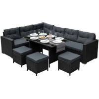 Set Conjunto de Muebles de Jardín de Ratán Negro con Sofá de 9 Plazas Exterior Balcón Patio Terraza Salón Cojines Impermeables Mesa de Vidrio Templado Protección UV Funda Impermeable GRATIS