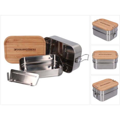 Toolbrothers Panera abanico de acero inoxidable con 2 pisos y tapa de bambú 1340 ml