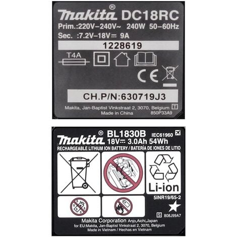 Makita BL1830B Batería 3.0 Ah 18V + Cargador DC18RC (191A24-4)