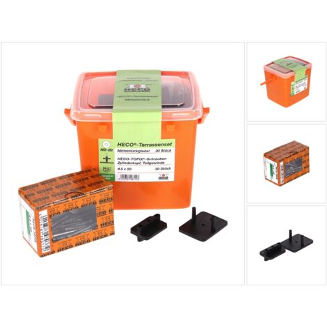 HECO Juego de fijaciones para terrazas, 30 uds + tornillos HECO TOPIX 4,5 x 50 mm HD 20 + Estuche ( 48715 )