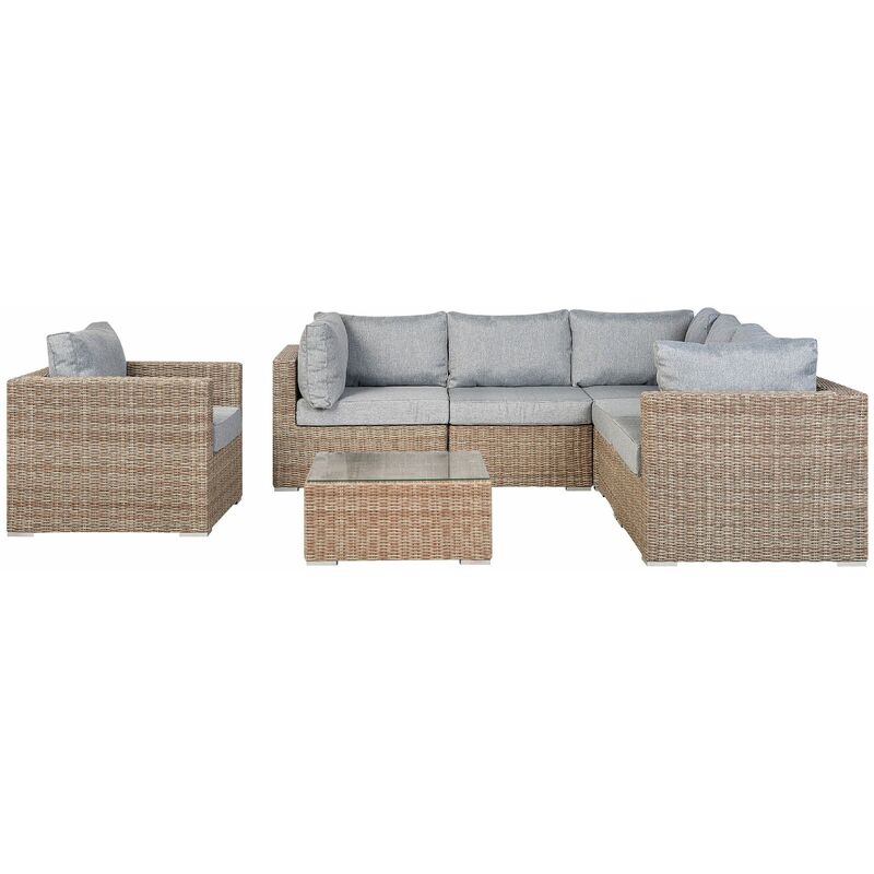 Lounge Set 6-Sitzer Polyrattan braun linksseitig Auflagen grau Modern  Contare
