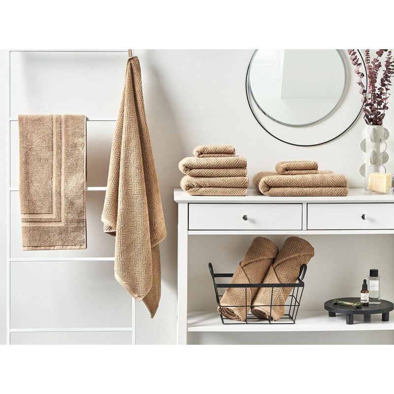 Luxus Handtuch Set mit Badematte Frottee Baumwolle beige 9-teilig Modern  Mitiaro